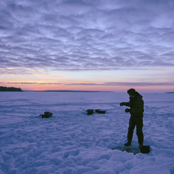 ice fishing for walleye at night